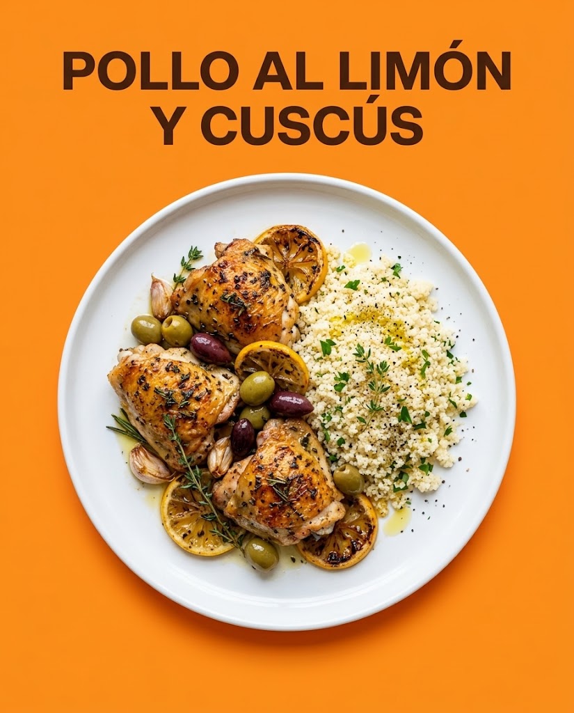 Pollo al limón, ajo y tomillo con aceitunas y cuscús