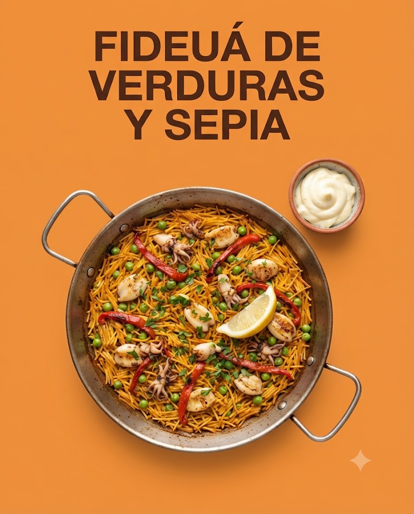 Fideuá de verduras y sepia con alioli ligero