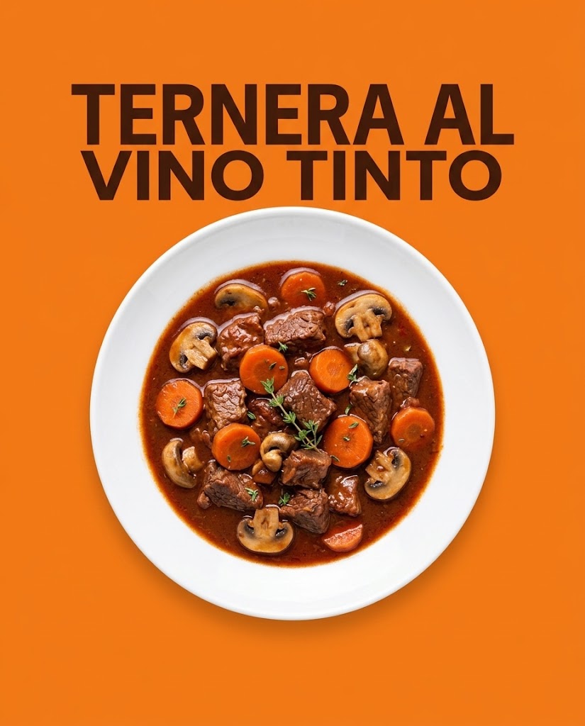 Ternera guisada al vino tinto con champiñones y zanahorias