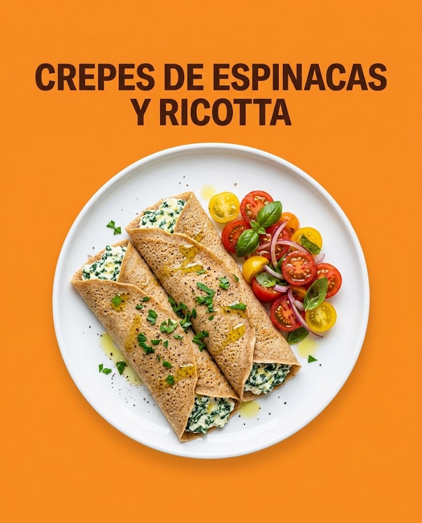 Crepes integrales de espinacas y ricotta con ensalada de tomate