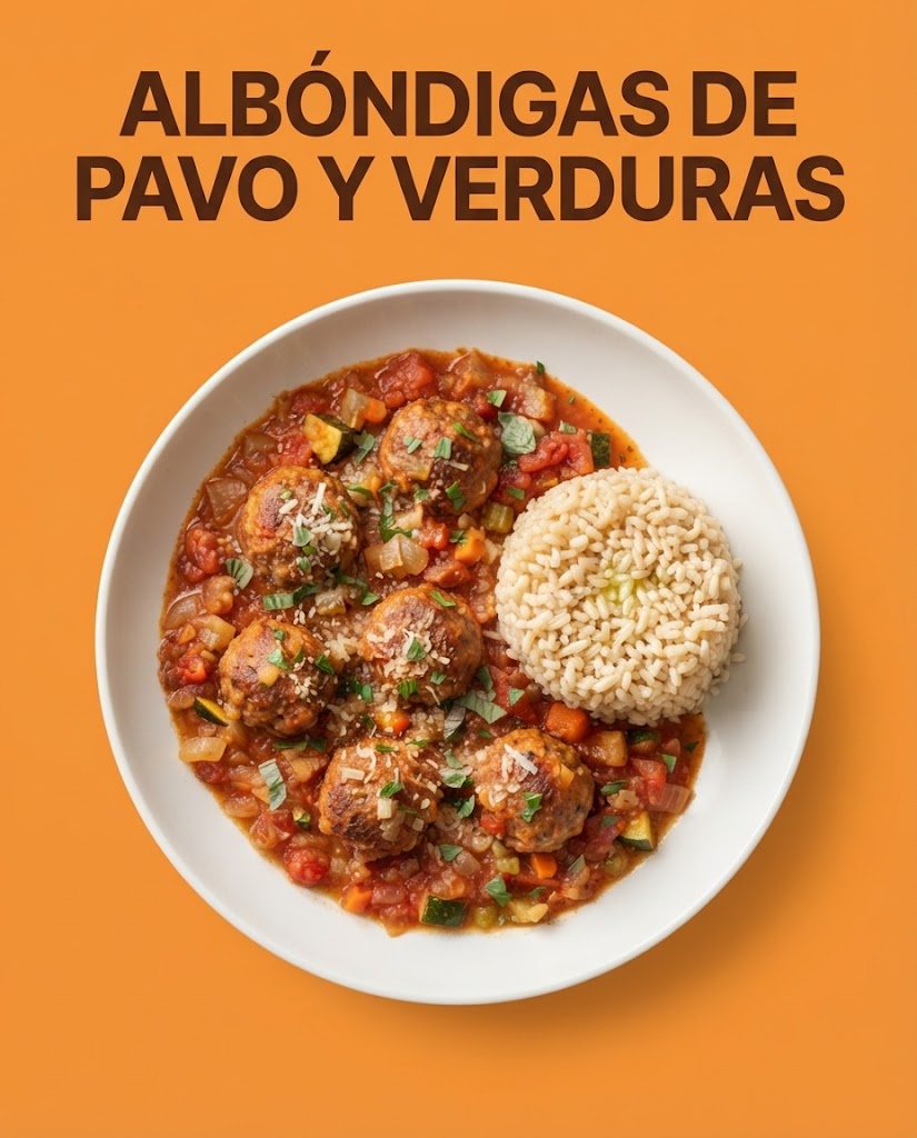 Albóndigas de pavo y verduras en salsa de tomate casera con arroz integral