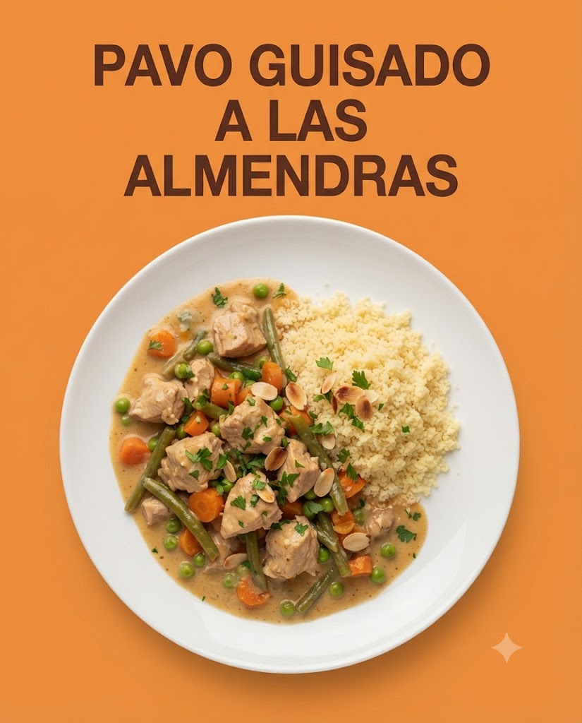Pavo guisado con verduras y salsa de almendras, acompañado de cuscús