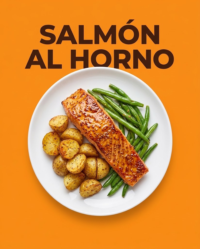 Salmón al horno con miel, mostaza y limón + patatas y judías verdes