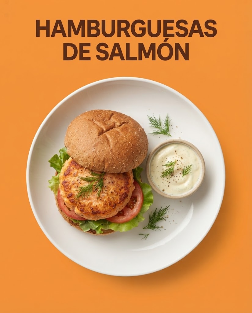 Hamburguesas caseras de salmón con pan integral, lechuga, tomate y salsa de yogur