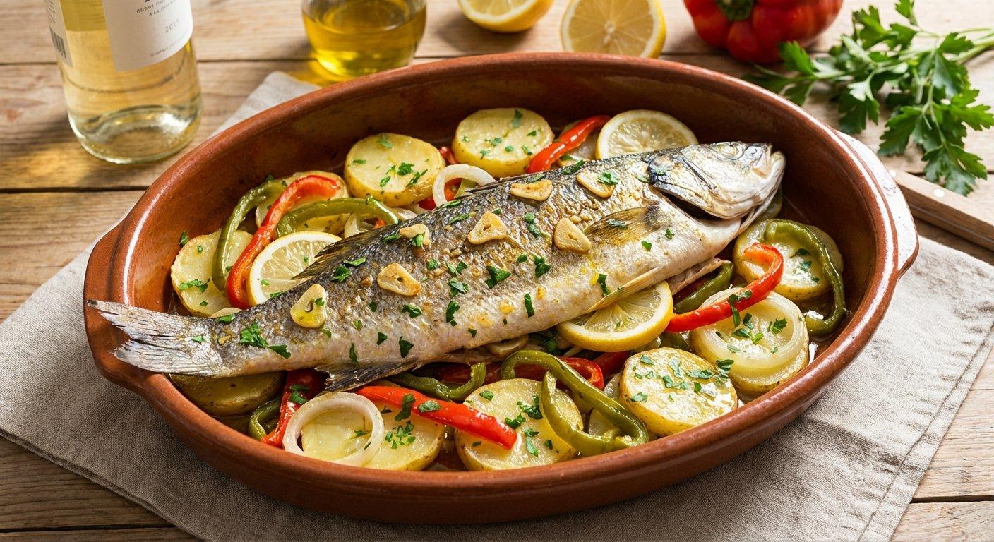 Lubina al horno con costra de ajo, perejil y limón, con verduras asadas